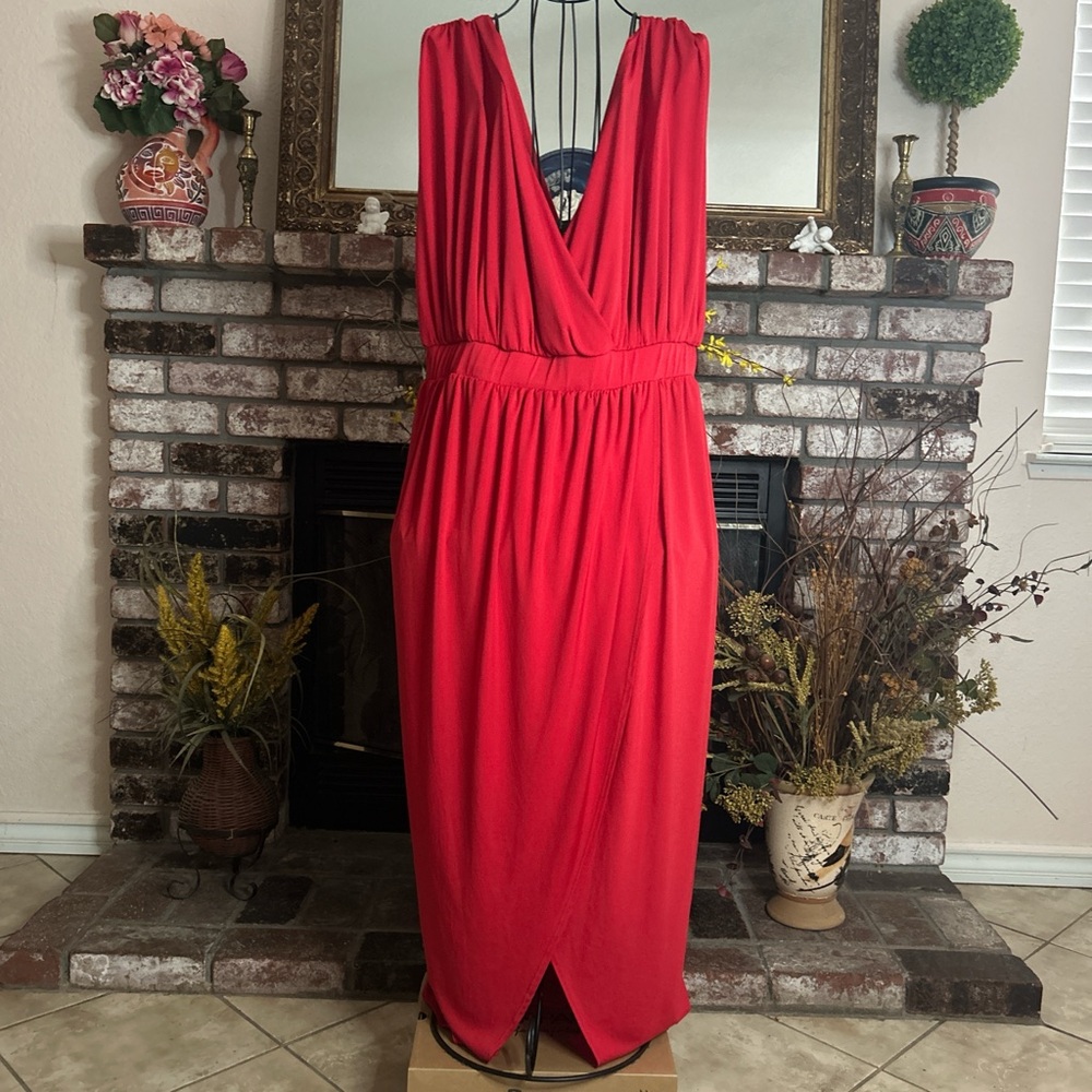 Vintage Y2K Quum Red Draped Front Slit Midi Dress Sz 1X